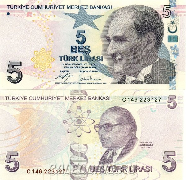 Банкнота Турции 5 лир 2009 г