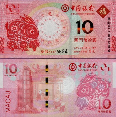 Банкнота Макао 10 патак 2023 банк Китая год Кролика