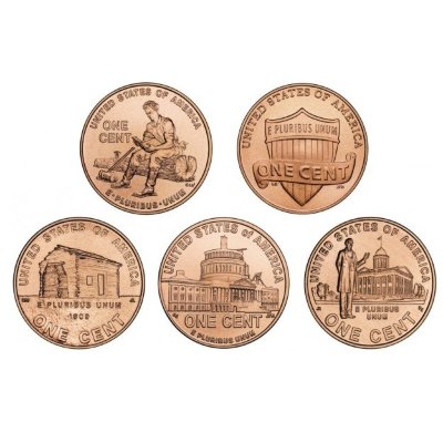 Набор из пяти монет 1 цент США 2009 200-летие со дня Рождения Авраама Линкольна