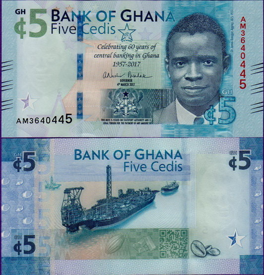Банкнота Ганы 5 седи 2017 года 60 лет ЦБ