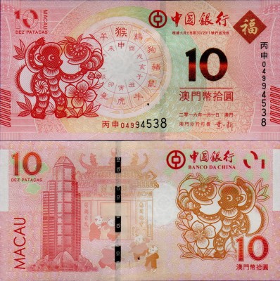 Банкнота Макао 10 патак 2016 банк Китая год Обезьяны