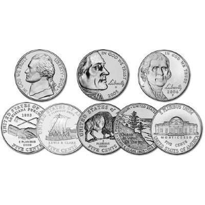 США набор из пяти монет 5 центов 2004-2006 Путешествие Льюиса и Кларка (Westward Jorney)