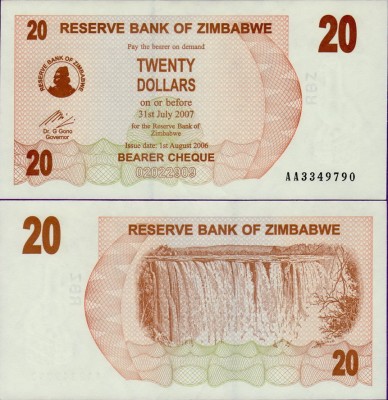 Банкнота Зимбабве 20 долларов 2006 год
