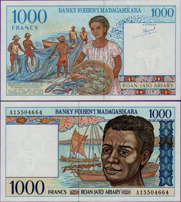 Банкнота Мадагаскара 1000 франков 1994 года