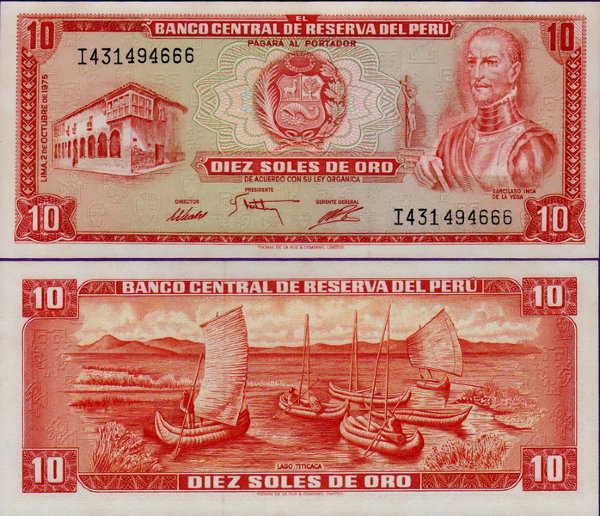 Банкнота Перу 10 солей 1975 год