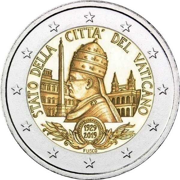 Монета Ватикана 2 евро 2019 год 90-летие основания города-государства Ватикан