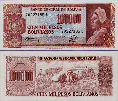 Банкнота Боливии 100000 песо 1984