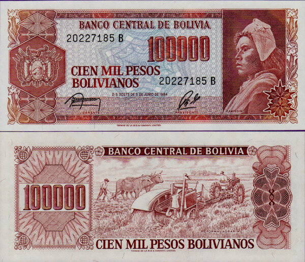 Банкнота Боливии 100000 песо 1984