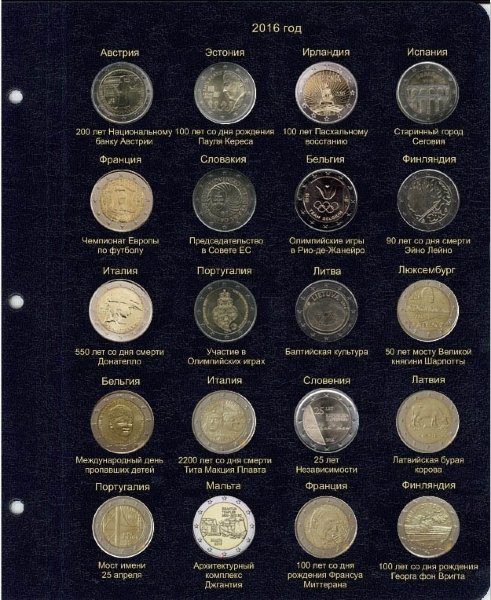 Лист "Коллекционеръ" для памятных и юбилейных монет 2 Евро 2016 г