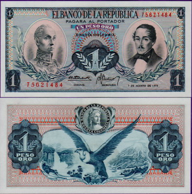 Банкнота Колумбии 1 песо 1973 г