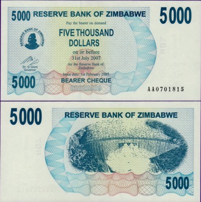 Банкнота Зимбабве 5000 долларов 2007 год