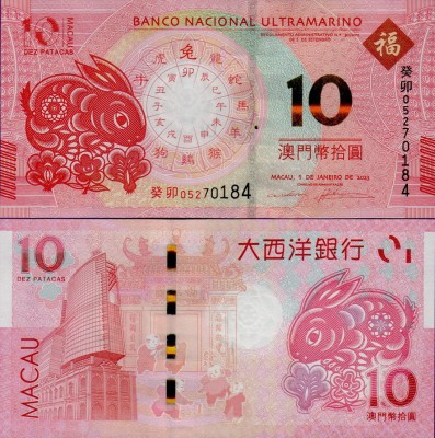 Банкнота Макао 10 патак 2023 банк Ультрамарино год Кролика