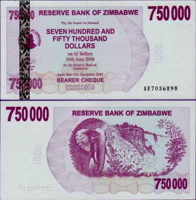 Банкнота Зимбабве 750000 долларов 2007 год
