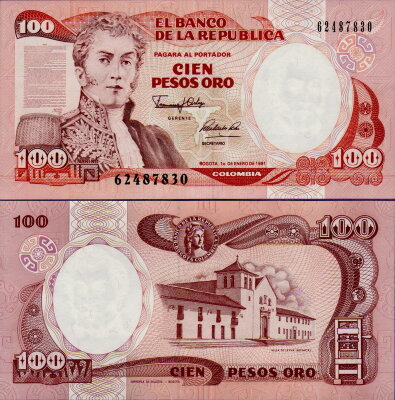 Банкнота Колумбии 100 песо 1991 г