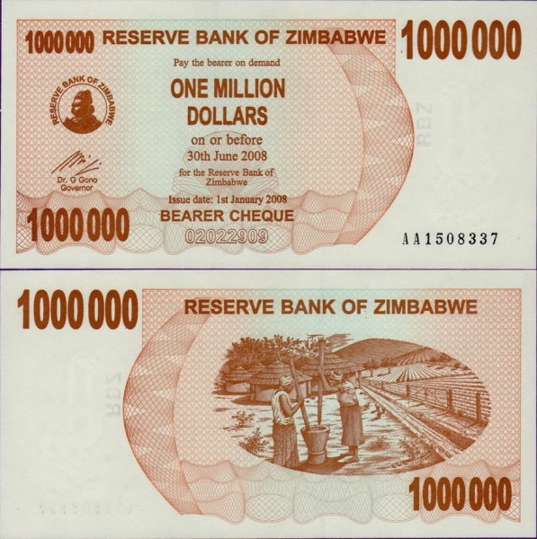 Банкнота Зимбабве 1000000 долларов 2008 год