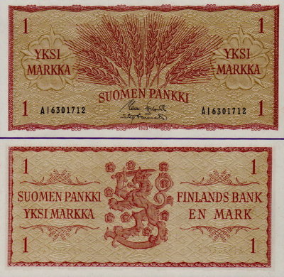 Банкнота Финляндии 1 марка 1963 г