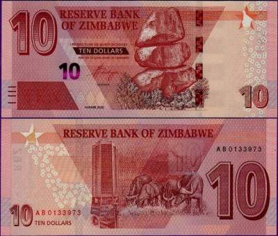 Банкнота Зимбабве 10 долларов 2020 год