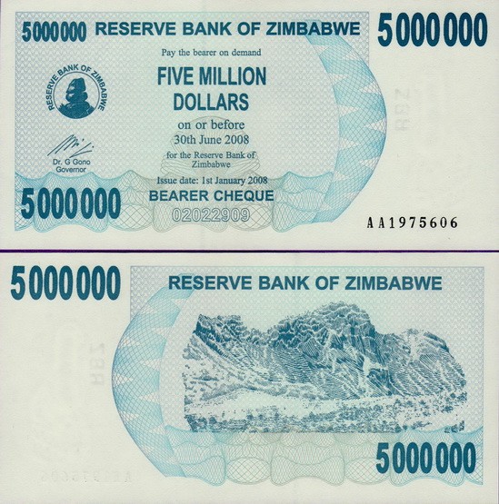 Банкнота Зимбабве 5000000 долларов 2008 год
